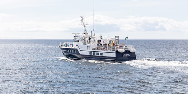 Båten M/F Vitaskär kör i skärgården där flera passagerare står ute på aktern.